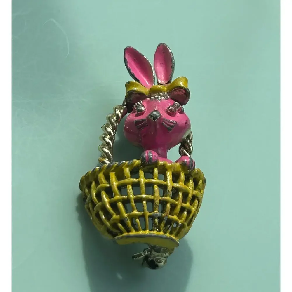 Vintage Hand-Painted Enamel Bunny in Basket Brooch | Easter Pink Rabbit Pin